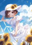  1girl ;d arm_up bang_dream! bangs bison_cangshu blue_sky blush breasts brown_eyes brown_hair center_frills cloud cloudy_sky collarbone commentary_request day dress eyebrows_visible_through_hair flower frills hand_on_headwear hat hazawa_tsugumi highres looking_at_viewer one_eye_closed outdoors petals short_sleeves sky small_breasts smile solo sun_hat sunflower teeth upper_teeth white_dress white_headwear wind_turbine yellow_flower 