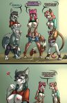  2021 2koma 4_toes 5_fingers absurd_res ailurid anthro anthro_on_anthro ari_(kalofoxfire) balls bassybefuddle big_breasts biscuit_(food) black_bottomwear black_clothing black_panties black_pants black_underwear blue_eyes blue_hair blue_highlights blush bodily_fluids bottomwear bread breasts brown_body brown_fur brown_spots canid canine canis clothed clothing comic cum cum_on_breasts cum_on_face cum_on_food cum_on_ground cum_on_hand cum_on_penis cum_pool cum_string cumshot dialogue digitigrade ear_piercing eating ejaculation english_text eyebrows fangs feet fingers fluffy fluffy_tail food fur genital_fluids genitals glans green_clothing green_eyes green_shirt green_topwear grey_body grey_fur grey_hair gynomorph gynomorph/gynomorph hair half-closed_eyes hand_on_breast hi_res highlights_(coloring) holding_penis huge_breasts humanoid_genitalia humanoid_penis humor hyaenid intersex intersex/intersex long_hair looking_at_another looking_down mammal masturbation narrowed_eyes orgasm panties panties_down pants pants_down partially_clothed penile penile_masturbation penis piercing pink_clothing pink_glans pink_hair pink_panties pink_underwear raised_clothing raised_shirt raised_topwear red_clothing red_glans red_panda red_shirt red_topwear reiklo ruth_(kalofoxfire) sharp_teeth shirt smile soggy_biscuit spots spotted_body spotted_fur standing t-shirt tan_body tan_clothing tan_fur tan_inner_ear tan_panties tan_underwear tank_top teal_shirt teal_topwear teeth text thick_eyebrows toes tongue tongue_out topwear trio underwear underwear_down white_body white_fur wolf 