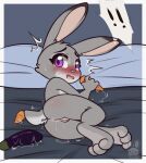  ! absurd_res anthro anus bed bed_sheet bedding blush bodily_fluids border bunnybits butt carrot detailed_background disney eggplant embarrassed female food fruit fur furniture genital_fluids genitals grey_body grey_fur hi_res holding_carrot holding_food holding_object holding_vegetable judy_hopps lagomorph leporid looking_at_viewer lying mammal nude on_side open_mouth plant purple_eyes pussy pussy_juice rabbit rear_view solo toe_curl vegetable white_border zootopia 