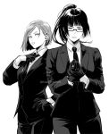  2girls adjusting_neckwear bangs blunt_bangs closed_mouth collared_shirt cowboy_shot dress_shirt formal glasses gloves greyscale half_gloves hands_up high_ponytail highres jacket jujutsu_kaisen kisaragi_mizu kugisaki_nobara long_hair monochrome multiple_girls necktie pants shirt short_hair sidelocks simple_background standing suit swept_bangs twitter_username zen&#039;in_maki 