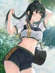  1girl adjusting_hair bag black_hair black_shorts blush closed_mouth cloud from_below green_eyes hand_in_hair hands_up highres long_hair looking_to_the_side midriff original ponytail ruda_(ruda_e) shirt short_sleeves shorts sky solo standing tree white_shirt 