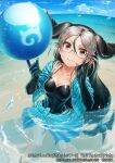  1girl aqua_jacket ball black_gloves black_swimsuit blue_sky breasts california_sea_lion_(kemono_friends) cloud cloudy_sky covered_navel elbow_gloves glasses gloves hands_up horizon horns jacket kemono_friends lain long_hair low-tied_long_hair medium_breasts one-piece_swimsuit partially_submerged ripples sky solo swimsuit very_long_hair water 