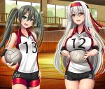  2girls alternate_costume basketball_hoop black_shorts breasts brown_eyes commentary_request cowboy_shot green_eyes green_hair headband highres indoors kantai_collection large_breasts long_hair looking_at_viewer mirisha multiple_girls railing red_headband red_shorts shirt short_shorts shorts shorts_under_shorts shoukaku_(kancolle) sleeveless sleeveless_shirt sportswear sweat twintails volleyball volleyball_uniform white_hair window wooden_floor zuikaku_(kancolle) 