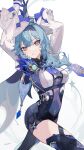  1girl absurdres arms_up blue_gloves blue_hair bodystocking breasts cape center_opening eula_(genshin_impact) feathers genshin_impact gloves hairband highres long_sleeves looking_at_viewer purple_eyes signature solo thighhighs u_tnmn wide_sleeves 
