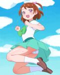  1girl air_pantyshot aozora_middle_school_uniform aqua_sailor_collar aqua_skirt ass blouse blue_sky bow bowtie brown_footwear brown_hair clenched_hands cloud cloudy_sky commentary_request day eyebrows_visible_through_hair from_below from_side full_body green_bow green_neckwear hair_bow heart heart_in_eye jumping komachi_naomi legs_up loafers looking_at_viewer looking_to_the_side midair miniskirt outdoors panties pantyshot pink_bow precure purple_eyes school_uniform shoes short_hair skirt sky socks solo sweat symbol_in_eye tropical-rouge!_precure two_side_up umi_no_tarako underwear white_blouse white_legwear white_panties 