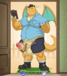  2021 antennae_(anatomy) anthro anthrofied balls barazoku bedroom_eyes belly_scales big_balls biped black_clothing black_footwear black_shoes blue_clothing blue_eyes blue_shirt blue_topwear clipboard clothing delivery_(commerce) delivery_employee dick_in_a_box doorway dragonite fence footwear foreskin genitals hi_res humanoid humanoid_genitalia humanoid_penis long_tail lovkuma male membrane_(anatomy) membranous_wings multicolored_body multicolored_penis multicolored_scales muscular_arms narrowed_eyes nintendo overweight overweight_anthro overweight_male pen penis pok&eacute;ball pok&eacute;mon pok&eacute;mon_(species) pok&eacute;morph postal_carrier postal_delivery scales seductive shirt shoes signature solo text topwear two_tone_body two_tone_penis two_tone_scales unbuttoned_shorts uncut unzipped unzipped_pants unzipped_shorts video_games winged_humanoid wings 