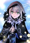  1girl bangs black_cloak cloak dated eyebrows_visible_through_hair fate/grand_order fate_(series) fur_collar gray_(fate) green_eyes highres holding holding_lantern hood lantern looking_at_viewer lord_el-melloi_ii_case_files parted_lips rioka_(southern_blue_sky) sidelocks silver_hair solo twitter_username upper_body 