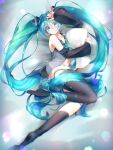  1girl absurdres aqua_eyes aqua_hair aqua_neckwear bare_shoulders bed black_legwear black_sleeves blurry bokeh commentary depth_of_field detached_sleeves from_above full_body grey_shirt hair_ornament hand_on_own_head hand_up hatsune_miku highres long_hair looking_at_viewer midriff navel necktie open_clothes open_shirt panties parted_lips pillow pillow_hug rentama1219 shirt sleeveless sleeveless_shirt solo striped striped_panties thighhighs twintails underwear very_long_hair vocaloid 