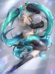  1girl absurdres aqua_eyes aqua_hair aqua_neckwear bare_shoulders bed black_legwear black_sleeves blurry bokeh commentary depth_of_field detached_sleeves from_above full_body grey_shirt hair_ornament half-closed_eyes hand_on_own_head hand_up hatsune_miku highres long_hair looking_at_viewer making-of_available midriff navel necktie open_clothes open_shirt panties parted_lips pillow pillow_hug rentama1219 shirt sleeveless sleeveless_shirt solo striped striped_panties thighhighs twintails underwear very_long_hair vocaloid 