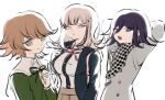  1girl 2boys arms_behind_head bangs black_shirt blunt_bangs breasts brown_hair buttons checkered checkered_scarf collared_shirt danganronpa:_trigger_happy_havoc danganronpa_(series) danganronpa_2:_goodbye_despair danganronpa_v3:_killing_harmony double-breasted dress_shirt eyebrows_visible_through_hair flipped_hair fujisaki_chihiro green_jacket hair_between_eyes hair_ornament hairclip highres jacket large_breasts light_brown_hair long_sleeves looking_at_viewer male_focus medium_hair multiple_boys nanami_chiaki neck_ribbon no_(xpxz7347) open_mouth otoko_no_ko ouma_kokichi pink_eyes pink_neckwear pink_ribbon purple_eyes purple_hair ribbon scarf school_uniform shirt shirt_tucked_in short_hair simple_background spaceship_hair_ornament straitjacket upper_body white_background 