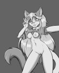  anthro bangs bottomless bottomless_female breasts chest_tuft claws clothed clothing clothing_lift domestic_cat felid feline felis female hair hair_over hi_res long_hair long_tail mammal medium_breasts monochrome mya_(meadow) nude one_eye_closed pawpads peace_symbol remarkably_average selfie shirt shirt_lift simple_background solo t-shirt tongue tongue_out topwear tuft wink 