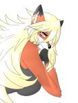  absurd_res anthro black_paws blonde_hair canid canine cecethefoxwitch clothing female fox fur grey_clothing hair hi_res looking_at_viewer mammal orange_body orange_fur pink_eyes solo white_body white_fur 