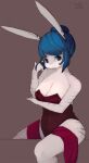  2018 anthro big_breasts blue_eyes blue_hair breasts brown_background cleavage clothed clothing female fingers fur hair kemono kuri-karu lagomorph leporid looking_at_viewer mammal rabbit simple_background sitting solo white_body white_fur 