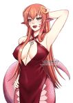  apode breasts clothing draconcopode dress female hair hand_behind_head humanoid_pointy_ears jewelry lamia legless lips lipstick long_hair looking_at_viewer makeup miia_(monster_musume) monster_girl_(genre) monster_musume moonmirage necklace nipples red_hair red_lips red_lipstick reptile scalie serpentine simple_background snake solo split_form tongue tongue_out yellow_eyes 