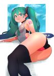  1girl absurdres aqua_hair ass bangs blue_eyes breasts eyebrows_visible_through_hair hair_behind_ear hatsune_miku highres leotard long_hair looking_at_viewer lying medium_breasts on_side parted_lips solo thighhighs twintails vocaloid weol_siki 