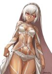  1girl altera_(fate) bangs bare_shoulders bikini breasts collarbone dark_skin dark_skinned_female fate/extella fate/extra fate/grand_order fate_(series) full_body_tattoo highres large_breasts looking_at_viewer lostroom_outfit_(fate) medium_breasts navel red_eyes shinsaku_(stan-art) short_hair smile swimsuit tattoo thighs veil white_bikini white_hair 