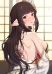  1girl back backless_outfit bangs bare_shoulders black_hair blurry blurry_background blush breasts brown_eyes depth_of_field eyebrows_visible_through_hair from_behind hair_ornament highres japanese_clothes kimono long_hair looking_at_viewer looking_back medium_breasts minoto monster_hunter_(series) monster_hunter_rise nose_blush pointy_ears sideboob solo sweat tongue tongue_out uneg very_long_hair white_kimono wide_sleeves 