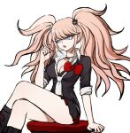  1girl arm_support bangs bear_hair_ornament black_choker black_footwear black_nails black_shirt blue_eyes boots bow breasts choker cleavage collarbone crossed_legs danganronpa:_trigger_happy_havoc danganronpa_(series) enoshima_junko hair_ornament highres knee_boots large_breasts long_hair nail_polish necktie no_(xpxz7347) open_mouth red_bow red_skirt shirt sitting skirt sleeves_rolled_up smile solo twintails white_neckwear 