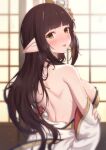  1girl back backless_outfit bangs bare_shoulders black_hair blurry blurry_background blush breasts brown_eyes commentary_request depth_of_field eyebrows_visible_through_hair from_behind hair_ornament highres hinoa japanese_clothes kimono long_hair looking_at_viewer looking_back medium_breasts monster_hunter_(series) monster_hunter_rise nose_blush pointy_ears revision sideboob solo tongue tongue_out uneg very_long_hair white_kimono wide_sleeves 