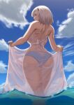  1girl ass azur_lane backboob bare_arms bare_shoulders bikini bikini_under_clothes black_hairband blue_bikini blue_sky breasts commentary_request day dress flower from_behind hair_flower hair_ornament hairband large_breasts looking_at_viewer looking_back maku_ro outdoors red_eyes see-through short_hair silver_hair sirius_(azur_lane) skirt_hold sky solo swimsuit thighs wading water wet wet_clothes wet_dress 