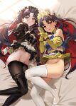  2girls belt black_eyes black_gloves black_hair black_legwear blush bottomless detached_sleeves dual_persona earrings fate/grand_order fate_(series) fingerless_gloves gloves hair_ribbon heart heart_hands highres ishtar_(fate) ishtar_(fate)_(all) jewelry legs long_hair looking_at_viewer lying maid_headdress multicolored_hair multiple_girls no_panties open_mouth panties red_eyes ribbon source_request space_ishtar_(fate) thighhighs twintails two-tone_hair underwear white_legwear yd_(orange_maru) 