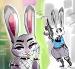  &lt;3 &lt;3_eyes anthro armband bodily_fluids bracelet breasts clothed clothing collar disney female fingers fishnet_clothing fur grey_body grey_fur gun half-closed_eyes hand_on_head hi_res jewelry judy_hopps kiseff lagomorph leporid looking_at_viewer mammal multicolored_body multicolored_fur narrowed_eyes police_uniform purple_eyes rabbit ranged_weapon solo spiked_armband spiked_bracelet spiked_collar spikes standing sweat thick_thighs tongue tongue_out uniform weapon white_body white_fur wide_hips zootopia 