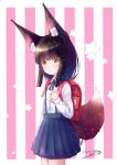  1girl alternate_costume animal_ears azur_lane backpack bag bangs black_hair blunt_bangs bow bowtie commentary_request contemporary eyebrows_visible_through_hair fox_ears fox_girl fox_tail from_side long_hair looking_at_viewer looking_to_the_side m_ko_(maxft2) nagato_(azur_lane) parted_lips randoseru school_uniform sidelocks signature skirt solo suspender_skirt suspenders tail yellow_eyes 