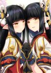  2girls :d azuma_yuki black_gloves black_hair blush brown_eyes closed_mouth commentary_request gloves hair_ornament hand_up highres hinoa holding_hands interlocked_fingers japanese_clothes kimono long_hair minoto monster_hunter_(series) monster_hunter_rise multiple_girls open_mouth pointy_ears siblings sisters smile twins upper_body white_kimono wide_sleeves 