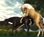  3d_(artwork) all_fours anal anal_penetration animal_genitalia animal_penis anthro balls big_penis black_body brown_body butt digital_media_(artwork) doggystyle duo equid equine equine_penis erection feral from_behind_position genitals horse long_penis male male/male male_penetrated male_penetrating male_penetrating_male mammal penetration penis posallion sex 