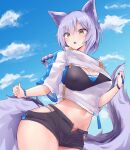 :o animal_ears arknights bikini_shorts contrapposto cowboy_shot eyebrows_visible_through_hair highres hip_vent large_tail low_tied_hair midriff navel official_alternate_costume open_clothes open_fly open_shorts provence_(arknights) purple_hair purple_tail short_hair short_sleeves shorts standing swimsuit swimwear tail unbuttoned_shorts upper_teeth wolf_ears wolf_tail yellow_eyes yuuki_shuri 