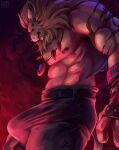  2021 abs anthro belt biceps big_bulge blonde_hair bottomwear bracelet bulge clothed clothing detailed_bulge digimon digimon_(species) ear_piercing ear_ring erection erection_under_clothing fangs felid fur genital_outline hair jewelry leomon male mammal mane mane_hair muscular muscular_anthro muscular_male necklace nipples nurinaki open_mouth orange_body orange_fur pants pecs penis_outline piercing red_eyes sharp_teeth solo teeth tenting tongue topless triceps vein veiny_muscle 