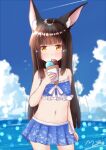  1girl alternate_costume animal_ears azur_lane bangs black_hair blue_sky blue_swimsuit blunt_bangs blurry cloud cloudy_sky collarbone commentary_request depth_of_field eyebrows_visible_through_hair food fox_ears holding ice_cream ice_cream_cone long_hair looking_at_viewer m_ko_(maxft2) midriff nagato_(azur_lane) navel ocean parted_lips pleated_skirt sidelocks signature skirt sky solo swimsuit yellow_eyes 