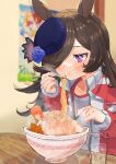  1girl :o animal_ears bangs black_hair blowing blue_flower blue_rose blurry blurry_background blush bowl carrot chopsticks commentary_request cup depth_of_field eating flower food hair_over_one_eye highres holding holding_chopsticks horse_ears horse_girl indoors jacket long_hair nanaco_41n noodles open_clothes open_jacket pork purple_eyes purple_headwear ramen red_jacket rice_shower_(umamusume) rose shirt solo steam sweat table umamusume white_shirt 