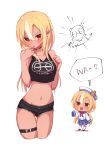  2girls :d black_choker blonde_hair chibi choker dark_skin dark_skinned_female dual_persona hair_between_eyes highres hololive leg_belt long_hair looking_at_another looking_at_viewer midriff multicolored_hair multiple_girls navel open_mouth orange_eyes pointy_ears sasaki_(glass1138) shiranui_flare short_shorts shorts simple_background sleeves_past_fingers sleeves_past_wrists smile streaked_hair virtual_youtuber white_background white_hair 