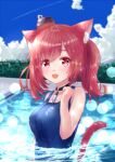  1girl :d animal_ears azur_lane bangs blue_sky blue_swimsuit blurry breasts cat_ears cat_girl cat_tail choker cloud cloudy_sky collarbone commentary_request depth_of_field eyebrows_visible_through_hair i-19_(azur_lane) in_water large_breasts long_hair looking_at_viewer m_ko_(maxft2) old_school_swimsuit open_mouth pool red_eyes red_hair school_swimsuit sidelocks sky smile solo swimsuit tail twintails 
