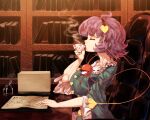  1girl arm_up blue_shirt bookshelf breasts chair clipboard closed_eyes commentary cup desk drinking facing_to_the_side from_side hair_ornament hairband heart heart_hair_ornament highres holding holding_cup indoors inkwell komeiji_satori large_breasts long_sleeves paper_stack parchment purple_hair quill saucer shirt short_hair sitting solo steam sunyup teacup third_eye touhou upper_body 