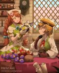  2girls artist_name blue_bow bow braid breasts brick_wall brown_eyes brown_gloves brown_hair brown_headwear capelet center_frills coffee commentary cup day dragalia_lost dress english_commentary flat_cap flower francesca_(dragalia_lost) frills gloves goggles goggles_on_headwear green_dress hair_flower hair_ornament hat head_scarf hentaki holding holding_cup indoors long_hair medium_breasts multiple_girls mushroom nina_(dragalia_lost) pink_flower puffy_short_sleeves puffy_sleeves red_eyes red_flower saucer shirt short_sleeves sleeveless sleeveless_dress striped striped_bow twin_braids very_long_hair watermark web_address white_capelet white_shirt window 