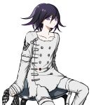  1boy bangs buttons chair checkered checkered_scarf closed_mouth collarbone danganronpa_(series) danganronpa_v3:_killing_harmony double-breasted hair_between_eyes highres jacket long_sleeves looking_at_viewer male_focus no_(xpxz7347) ouma_kokichi pale_skin pants purple_eyes purple_hair scarf scarf_removed short_hair simple_background sitting smile straitjacket white_jacket white_pants 