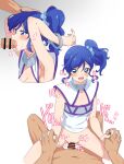  absurdres aikatsu! aikatsu!_(series) armpits bar_censor bare_arms bare_legs bare_shoulders bdsm blue_hair blue_scrunchie bondage bottomless bound bound_arms breasts censored cleavage cowboy_shot cowgirl_position cropped_legs cropped_torso cuffs cum cum_in_mouth cum_string disembodied_penis erection eyebrows_visible_through_hair fellatio floating_hair foreshortening from_side girl_on_top hair_ornament hair_scrunchie half-closed_eyes hand_on_another&#039;s_head handcuffs happy_sex heart heavy_breathing hetero highres holding_hands idol interlocked_fingers irrumatio jacket kiriya_aoi kumahubuki long_hair looking_at_penis looking_at_viewer moaning multiple_views nail_polish oral out_of_frame penis pink_nails pointless_censoring pov purple_stripe pussy pussy_juice raised_eyebrows restrained scrunchie sex side_ponytail sidelocks simple_background sleeveless sleeveless_jacket small_breasts smile solo_focus spoken_heart steam straddling sweat vaginal white_background white_jacket 