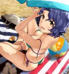  1girl :d absurdres ankle_strap arms_up ball bangs bare_arms bare_back bare_legs barefoot beach beachball bikini blue_hair breasts brown_eyes butt_crack cleavage from_above green_bikini green_swimsuit hanamasa_ono highres idolmaster idolmaster_million_live! indian_style light_blush looking_at_viewer looking_back lotion medium_breasts open_mouth outdoors parted_bangs sand sandals short_hair sitting smile solo string_bikini sunscreen swimsuit swimwear thighs thong thong_bikini towel toyokawa_fuuka umbrella 