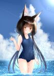  1girl alternate_costume alternate_hairstyle animal_ears azur_lane bangs black_hair blue_sky blue_swimsuit blunt_bangs blurry blush breasts cloud cloudy_sky collarbone commentary_request contemporary depth_of_field eyebrows_visible_through_hair fox_ears hair_ribbon head_tilt horizon in_water long_hair looking_at_viewer low_twintails m_ko_(maxft2) nagato_(azur_lane) ocean old_school_swimsuit parted_lips ribbon school_swimsuit sidelocks signature sky small_breasts solo swimsuit thighs twintails yellow_eyes 