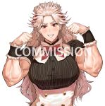  1girl apron blush commission dorohedoro dress frilled_apron frills highres jewelry long_hair looking_at_viewer maid maid_apron maid_headdress muscular muscular_female noi_(dorohedoro) park_ongjol red_eyes silver_hair simple_background smile solo white_hair 