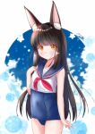  1girl alternate_costume animal_ears azur_lane bangs black_hair blue_swimsuit blunt_bangs commentary_request eyebrows_visible_through_hair fox_ears long_hair looking_at_viewer m_ko_(maxft2) nagato_(azur_lane) old_school_swimsuit parted_lips school_swimsuit school_uniform serafuku sidelocks signature solo swimsuit swimsuit_under_clothes yellow_eyes 