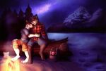 anthro campfire canid canine canis domestic_dog duo forest hi_res male mammal mountain night plant river sky star tree wolf yosha 