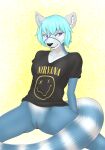  absurd_res ailurid anonymous_artist anthro blue_body blue_fur blue_hair clothing female fur genitals hair hi_res invalid_tag mammal nirvana_logo purple_eyes pussy red_panda sakajackson shirt solo spread_legs spreading topwear 