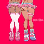  2boys ass ass_grab bikini blue_bikini blue_nails bulge crossdressing dark_skin dark_skinned_male from_behind garter_straps grabbing_own_ass gyaru kneepits kogal loose_socks lower_body male_focus microskirt multiple_boys nagano_rira original otoko_no_ko pink_skirt red_background shoes skirt sneakers spread_ass standing swimsuit tan thighhighs thighs thong_bikini white_legwear 