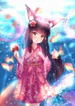  1girl alternate_costume animal_ears azur_lane bangs black_hair blunt_bangs candy candy_apple commentary_request eyebrows_visible_through_hair fish food fox_ears fox_girl fox_tail goldfish hakama head_tilt holding holding_candy holding_food in_water japanese_clothes long_hair looking_at_viewer m_ko_(maxft2) nagato_(azur_lane) parted_lips pleated_skirt sidelocks signature skirt solo tail water_drop yellow_eyes 