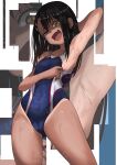  1girl absurdres armpits black_hair blue_swimsuit breasts brown_eyes cameltoe commentary_request competition_swimsuit cowboy_shot dark_skin english_commentary fang hair_ornament hairclip highres ijiranaide_nagatoro-san looking_at_viewer nagatoro_hayase one-piece_swimsuit skin_fang small_breasts solo swimsuit tan tanline tomodachi_(tomofanart) wet wet_clothes wet_swimsuit 
