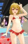  1girl 3d :d ahoge aliasing arm_up bangs bikini blonde_hair blush breasts collarbone commentary_request contrapposto cowboy_shot crystal eyebrows_behind_hair flandre_scarlet frills hair_between_eyes hand_up highres indoors innertube looking_at_viewer mikumikudance_(medium) miyo_(ranthath) navel no_hat no_headwear one_side_up open_mouth pool red_bikini red_eyes redrawn rei_no_pool small_breasts smile solo standing swimsuit touhou v wings 