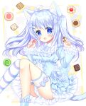  1girl :d ahoge animal_ear_fluff animal_ears bangs blue_bow blue_dress blue_eyes blue_hair blush bow breasts cat_ears cat_girl cat_tail checkerboard_cookie commentary_request cookie dress eyebrows_visible_through_hair feet_out_of_frame food frilled_dress frills hair_between_eyes hair_bow hair_ornament hairclip highres holding holding_food knees_together_feet_apart knees_up long_hair long_sleeves looking_at_viewer open_mouth original shikito single_thighhigh small_breasts smile solo striped striped_legwear tail thighhighs thumbprint_cookie two_side_up very_long_hair 